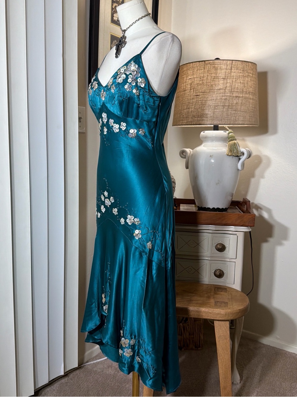 Sue Wong Teal Silk Beaded Button Floral Midi Dress - Picture 4 of 6